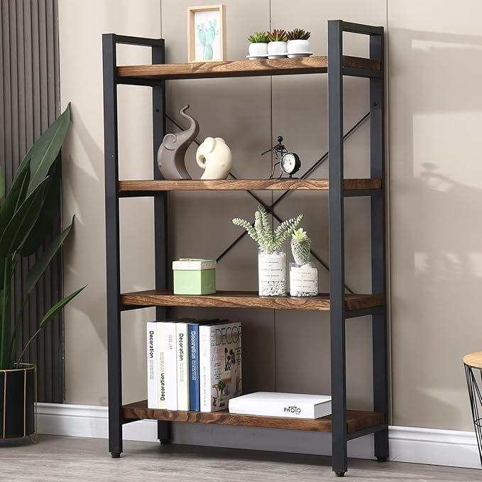WH-AOERPUMY Solid Wood Bookshelf,4 Tier Rustic Vintage Industrial Etagere Bookcase, Open Metal and W